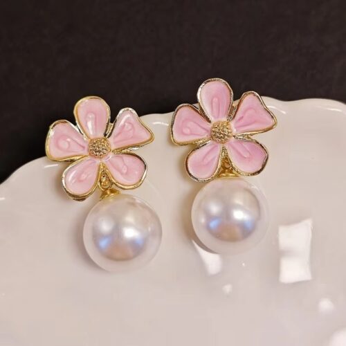 Pink Enamel Petal Flower Pearl Stud Earrings - Image 2