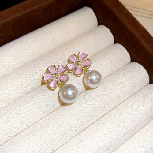 Pink Enamel Petal Flower Pearl Stud Earrings - Image 3