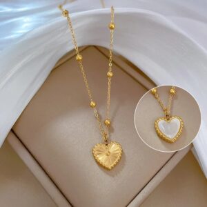 Anti-tarnish gold plated stainless steel tow-sided heart pendant beads chain necklace