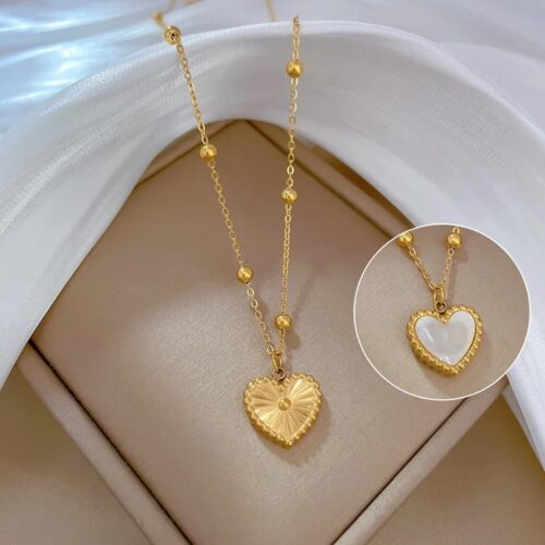 Anti-tarnish gold plated stainless steel tow-sided heart pendant beads chain necklace