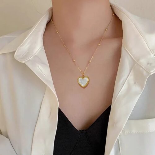 Anti-tarnish gold plated stainless steel tow-sided heart pendant beads chain necklace - Image 2