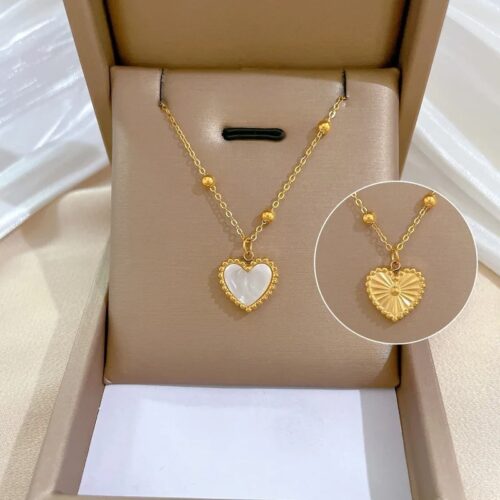 Anti-tarnish gold plated stainless steel tow-sided heart pendant beads chain necklace - Image 3