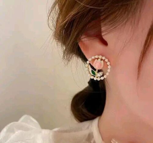 Korean Beautiful Pink Louts Flower Earring - Image 3