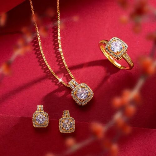 Stainless-Steel Zircon Crystal Earrings Necklace Ring Set