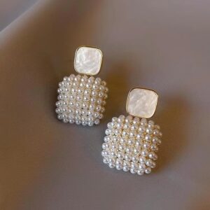Geometric pearl square drop earrings