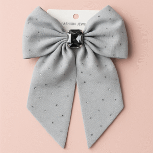 Hair Bow Clip – Glamorous Grey with Rhinestone Accents 🌟
