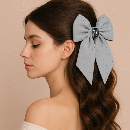 Hair Bow Clip – Glamorous Grey with Rhinestone Accents 🌟 - Image 2
