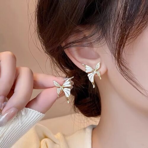 White Enamel & Stone Butterfly Stud Earrings - Image 2