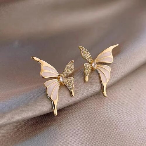 White Enamel & Stone Butterfly Stud Earrings - Image 3