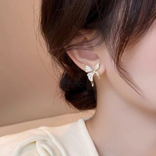 White Enamel & Stone Butterfly Stud Earrings - Image 4