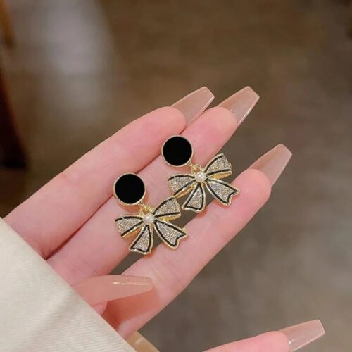 Korean Style Black Bow Earrings - Image 2
