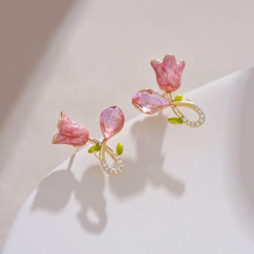 Cute Pink Tulip Crystal Stud Earrings