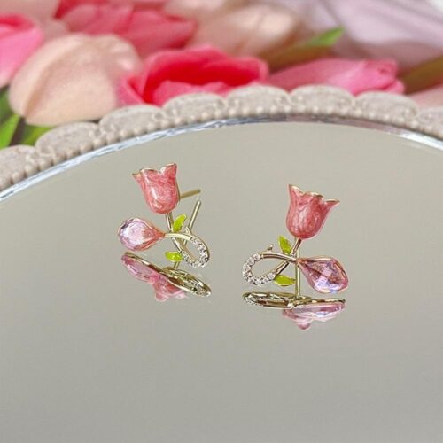 Cute Pink Tulip Crystal Stud Earrings - Image 3