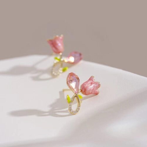 Cute Pink Tulip Crystal Stud Earrings - Image 4