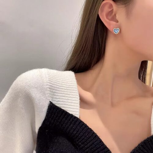 Korean Blue Heart Stud Earrings - Image 2