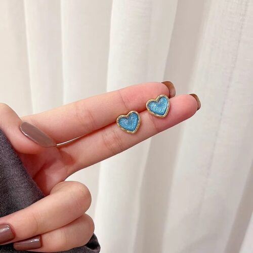 Korean Blue Heart Stud Earrings - Image 3
